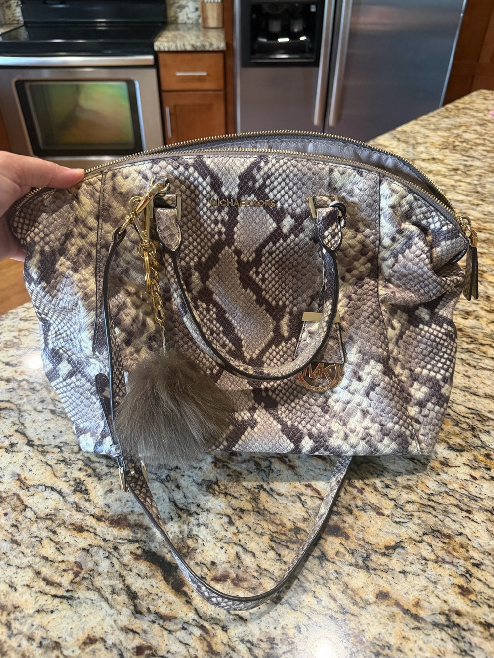 Michael Kors Taupe Snake-Print Satchel with Gold Hardware